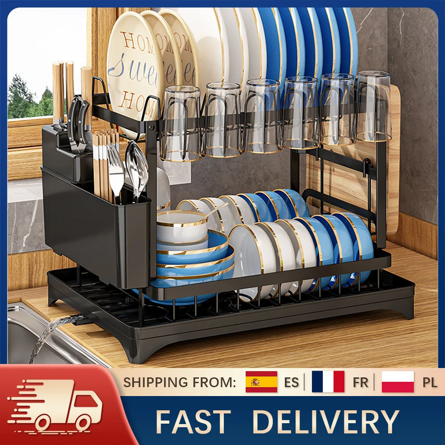 Égouttoir à Vaisselle 2 Niveaux avec Plateau – Range-Vaisselle Inox avec Porte-Couverts
