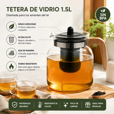 Théière en Verre Borosilicate 1,5L – Infuseur Amovible & Manche en Bois
