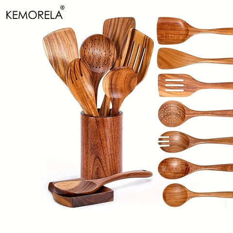 Set d'Ustensiles de Cuisine en Bois de Teck – 4, 7 ou 9 Pièces avec Pot de Rangement