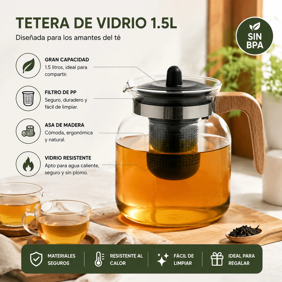 Théière en Verre Borosilicate 1,5L – Infuseur Amovible & Manche en Bois