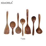 Set d'Ustensiles de Cuisine en Bois de Teck – 4, 7 ou 9 Pièces avec Pot de Rangement