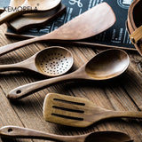 Set d'Ustensiles de Cuisine en Bois de Teck – 4, 7 ou 9 Pièces avec Pot de Rangement