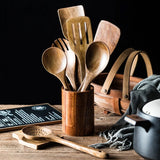 Set d'Ustensiles de Cuisine en Bois de Teck – 4, 7 ou 9 Pièces avec Pot de Rangement