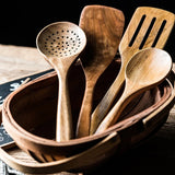 Set d'Ustensiles de Cuisine en Bois de Teck – 4, 7 ou 9 Pièces avec Pot de Rangement