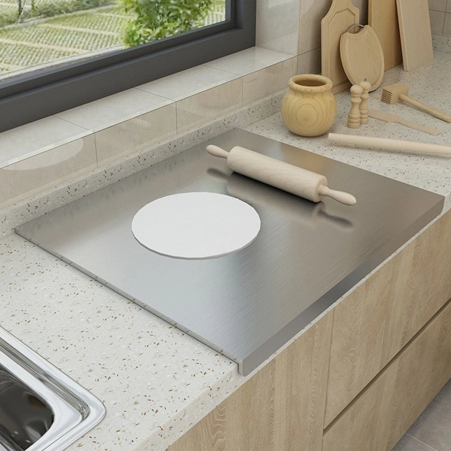 Grande Planche à Découper en Inox en L – Double Face pour Découpe & Pâtisserie