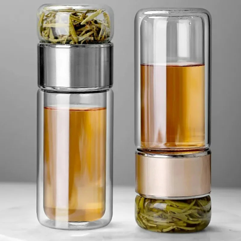 Bouteille à Thé Double Paroi en Verre 420ml – Infuseur & Filtre Intégrés