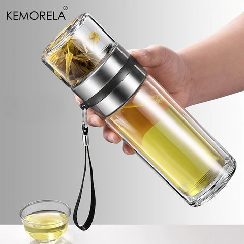 Bouteille à Thé Isotherme Double Paroi en Verre – 350/450/500ml, Anti-Fuite