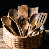 Set d'Ustensiles de Cuisine en Bois de Teck – 4, 7 ou 9 Pièces avec Pot de Rangement